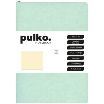 PULKO Notebook Not Defteri, 110gr Ivory Kağıt, A5 Boyut, Termo Deri, 224 Sayfa, Düz, 047, Nane Yeşili