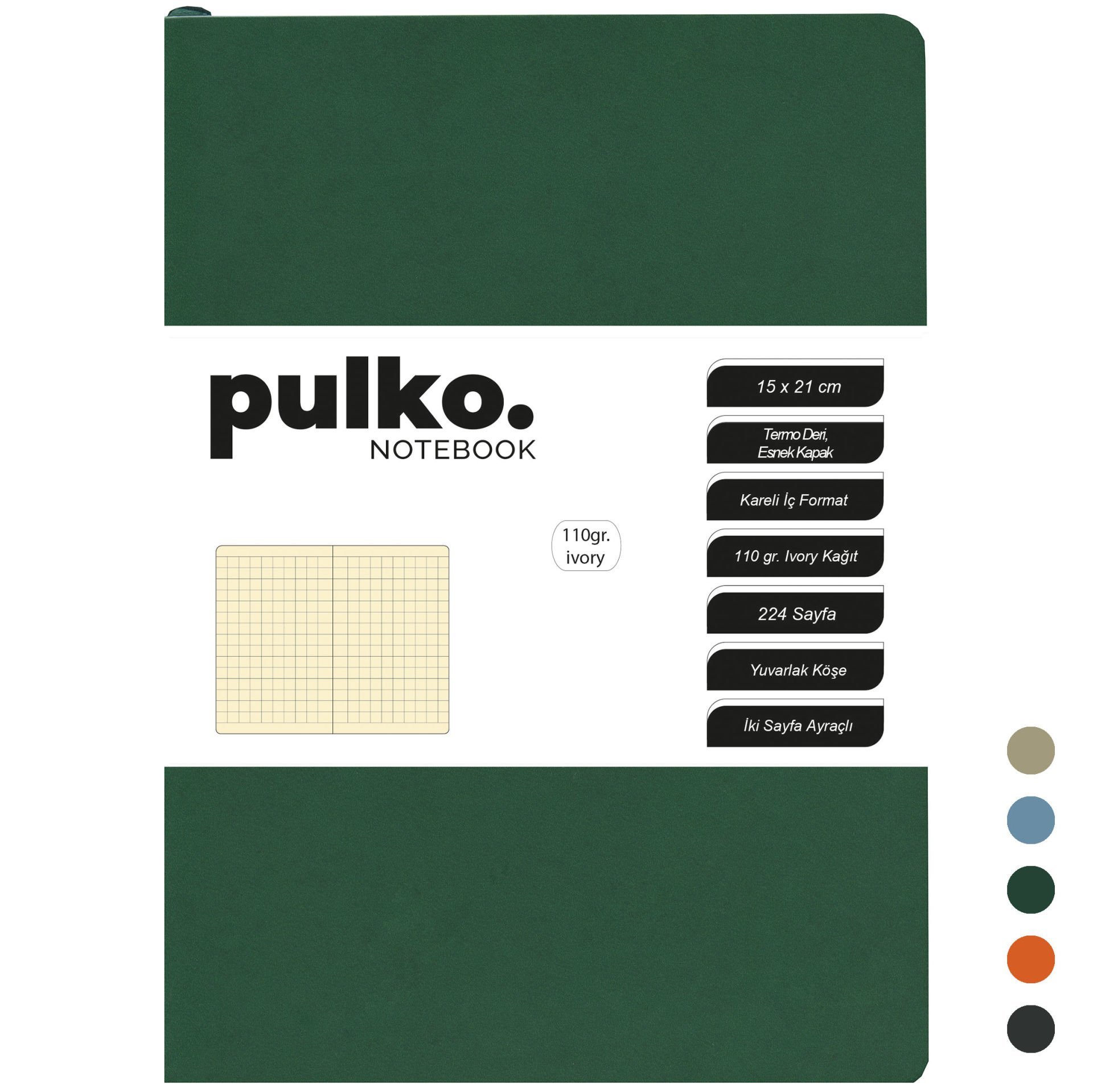Cahier PULKO, papier ivoire de 110g, format A5, simili cuir, 224 pages, quadrillé, 048,