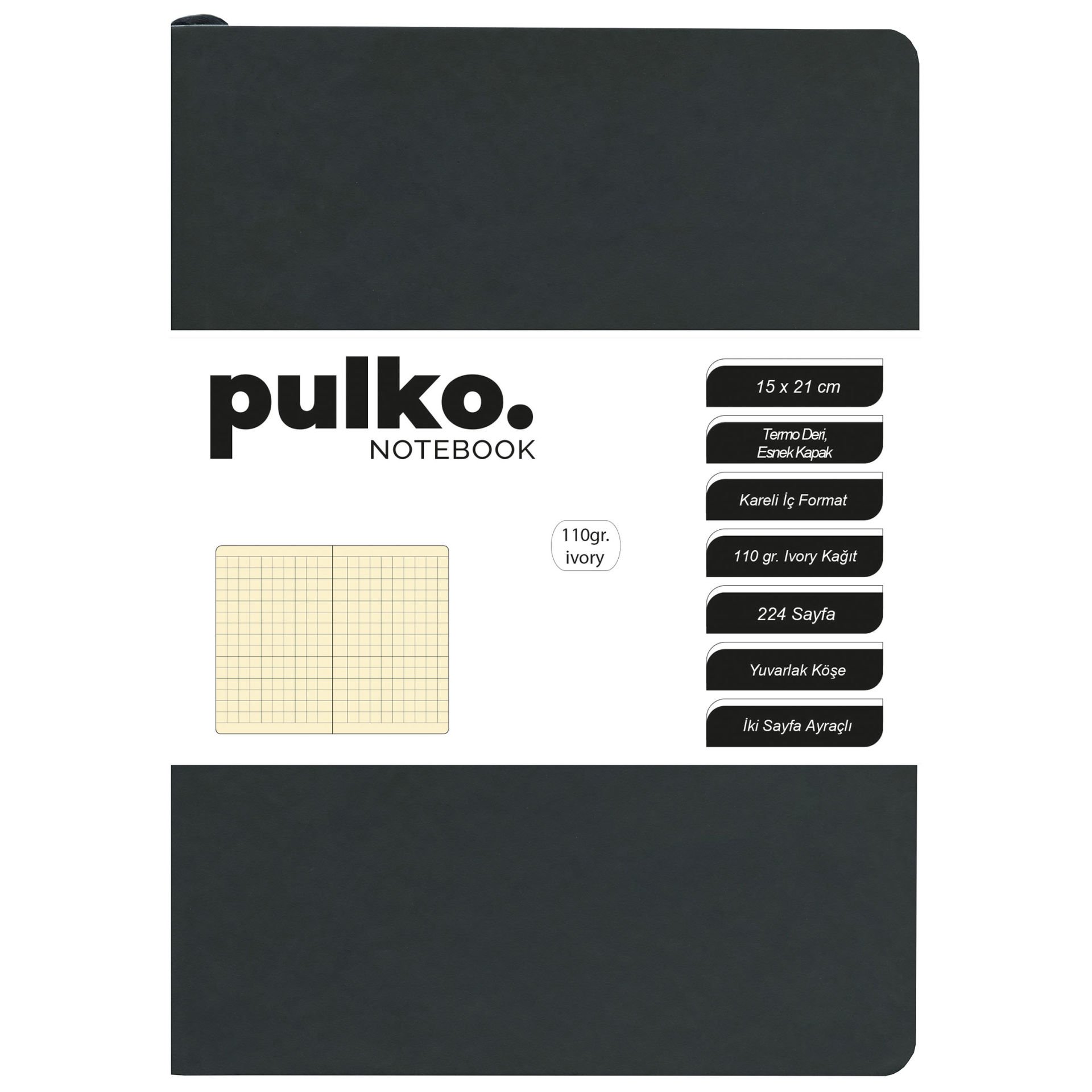 Cahier PULKO, papier ivoire 110g, format A5, simili cuir, 224 pages, quadrillé, 048, noir