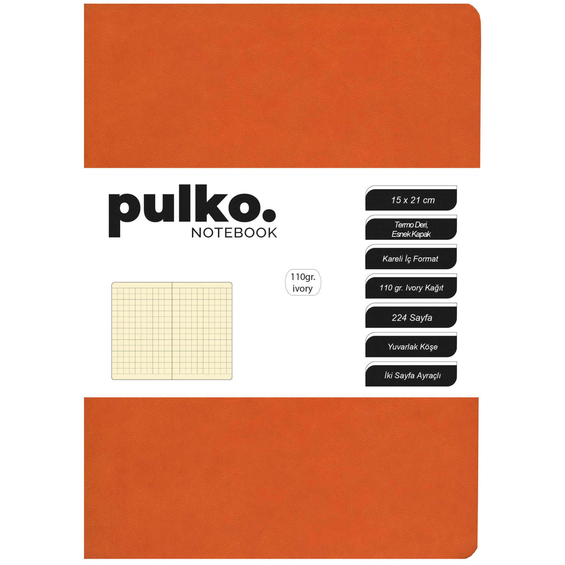 PULKO Notebook Not Defteri, 110gr Ivory Kağıt, A5 Boyut, Termo Deri, 224 Sayfa, Kareli, 048, Turuncu