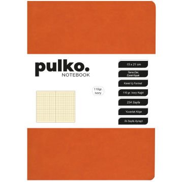 PULKO Notebook Not Defteri, 110gr Ivory Kağıt, A5 Boyut, Termo Deri, 224 Sayfa, Kareli, 048, Turuncu