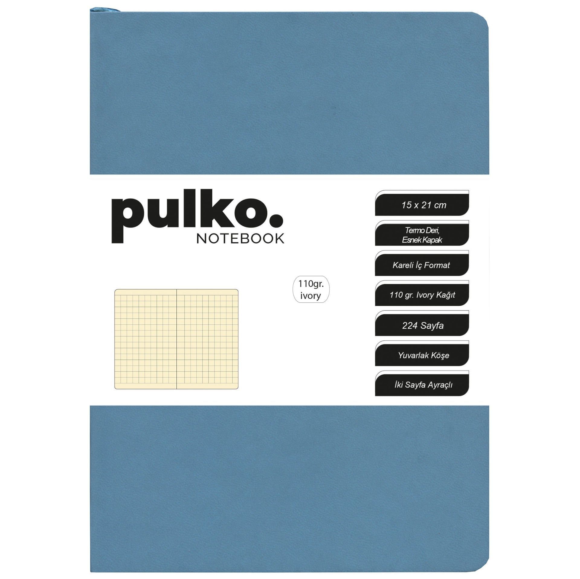 PULKO Notebook Not Defteri, 110gr Ivory Kağıt, A5 Boyut, Termo Deri, 224 Sayfa, Kareli, 048, Turkuaz
