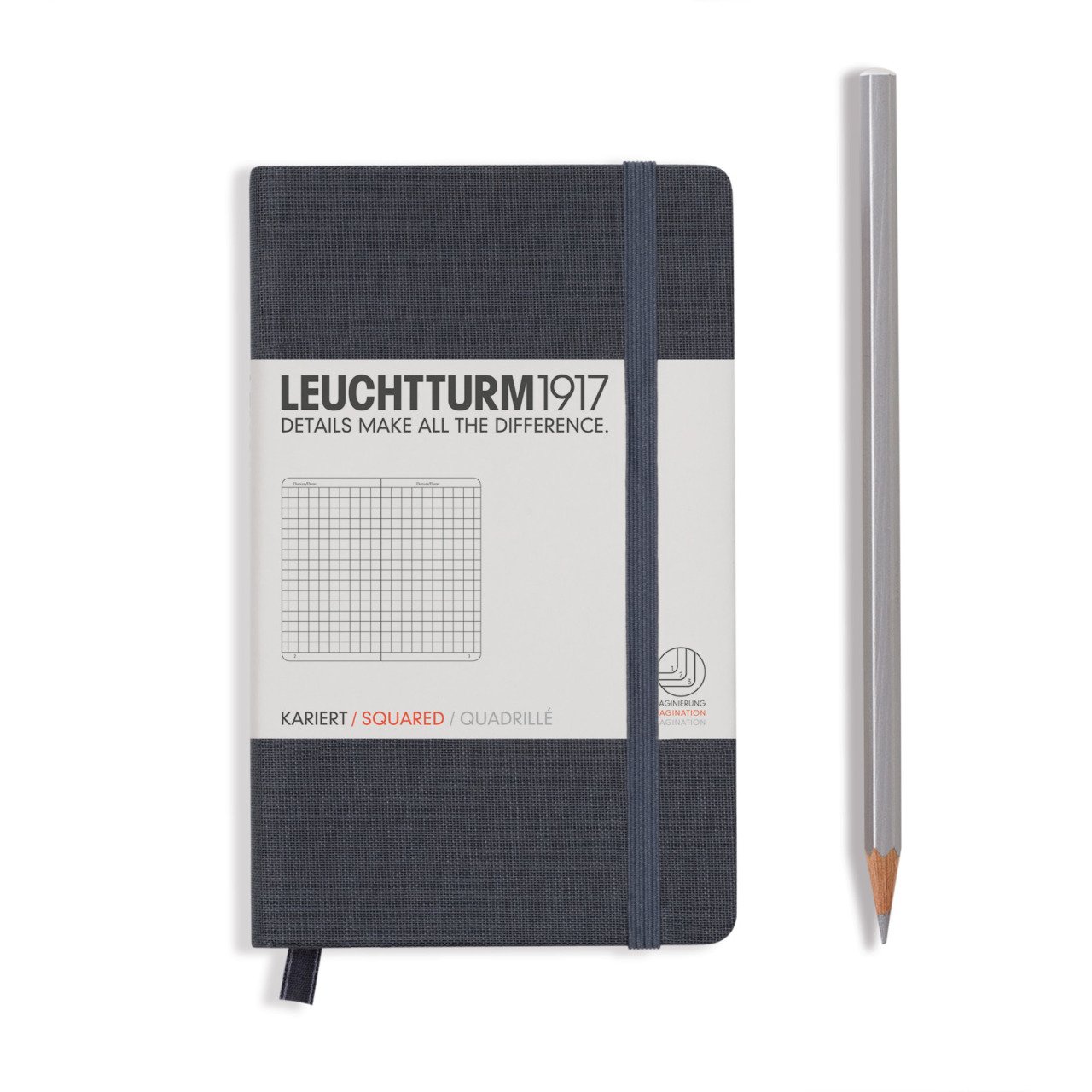 Leuchtturm1917 Not Defteri Cep Boy (A6), Kumaş Sert Kapak, Antrasit Gri - Kareli