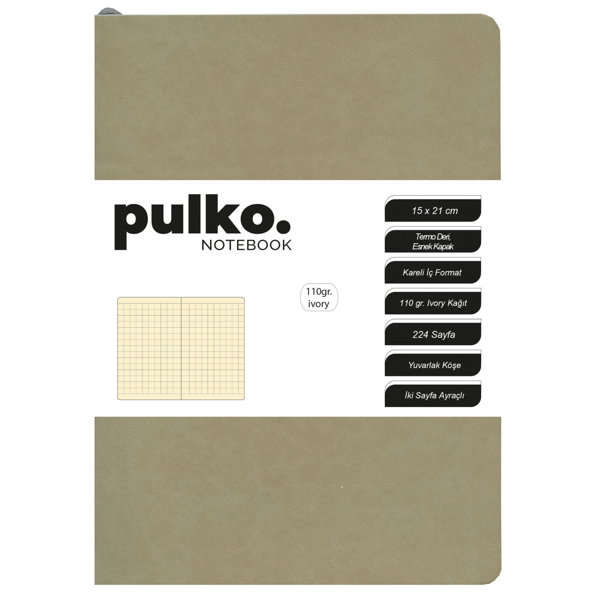 PULKO Notebook Not Defteri, 110gr Ivory Kağıt, A5 Boyut, Termo Deri, 224 Sayfa, Kareli, 048, Bej