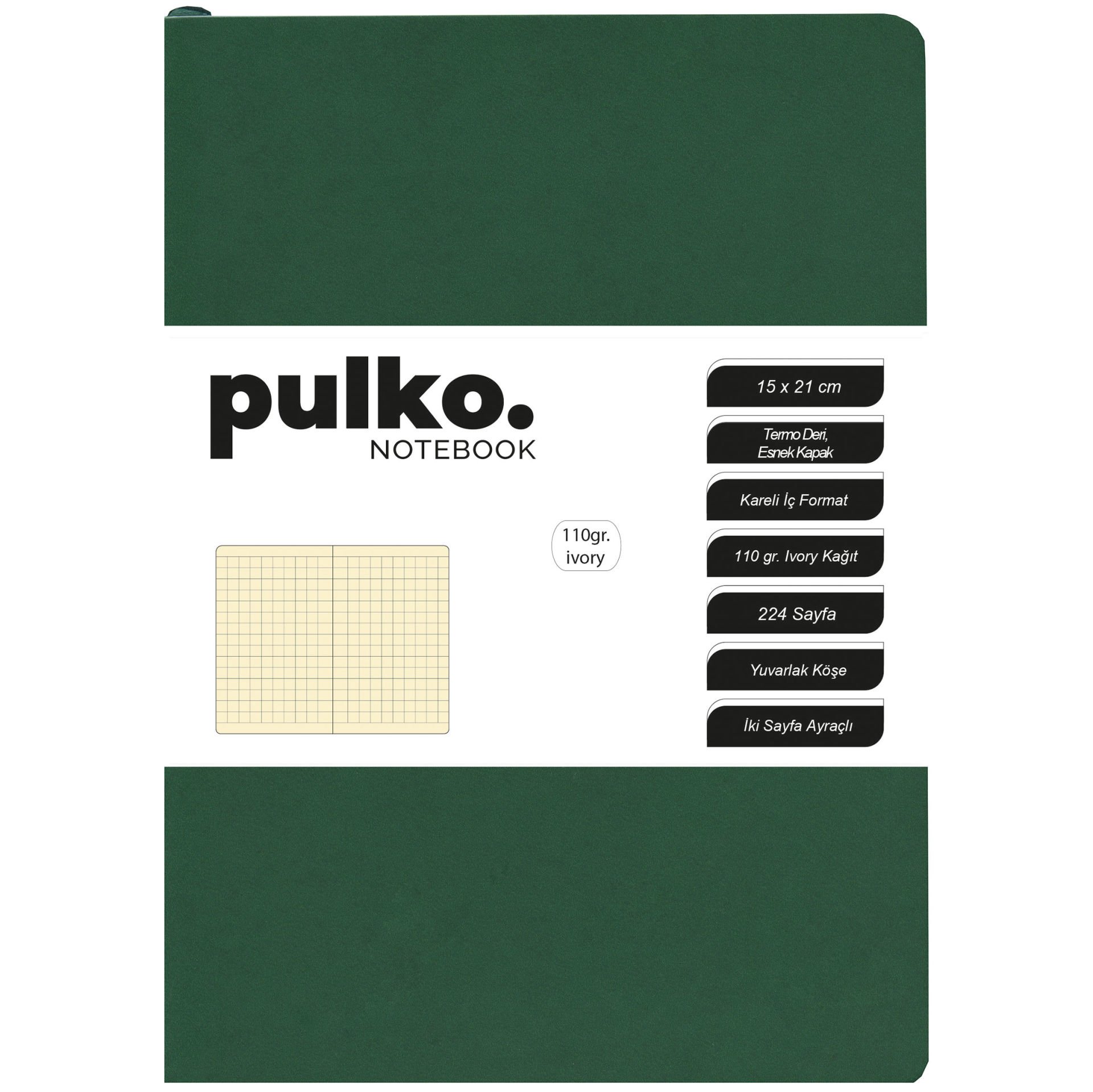PULKO Notebook Not Defteri, 110gr Ivory Kağıt, A5 Boyut, Termo Deri, 224 Sayfa, Kareli, 048, Orman Yeşili