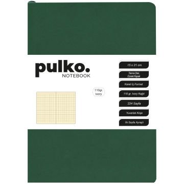 PULKO Notebook Not Defteri, 110gr Ivory Kağıt, A5 Boyut, Termo Deri, 224 Sayfa, Kareli, 048, Orman Yeşili