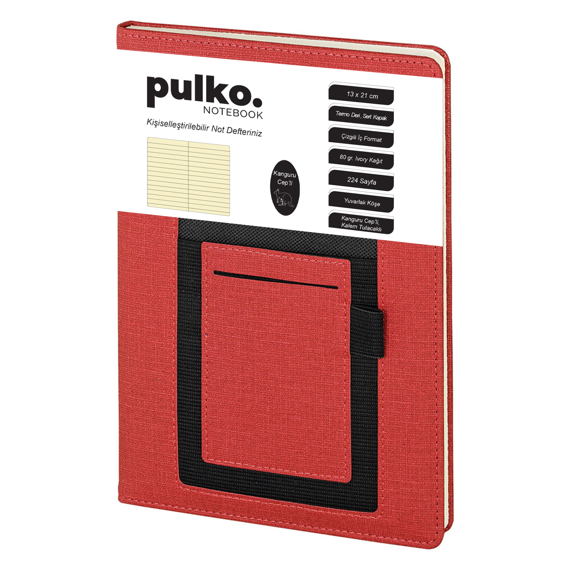 PULKO Notebook Kanguru Not Defteri, (15x21cm), Termo Deri, Sert Kapak, 224 Sayfa, Çizgili, Telefon Cebli Ve Kalem Tutacaklı, 003, Kırmızı