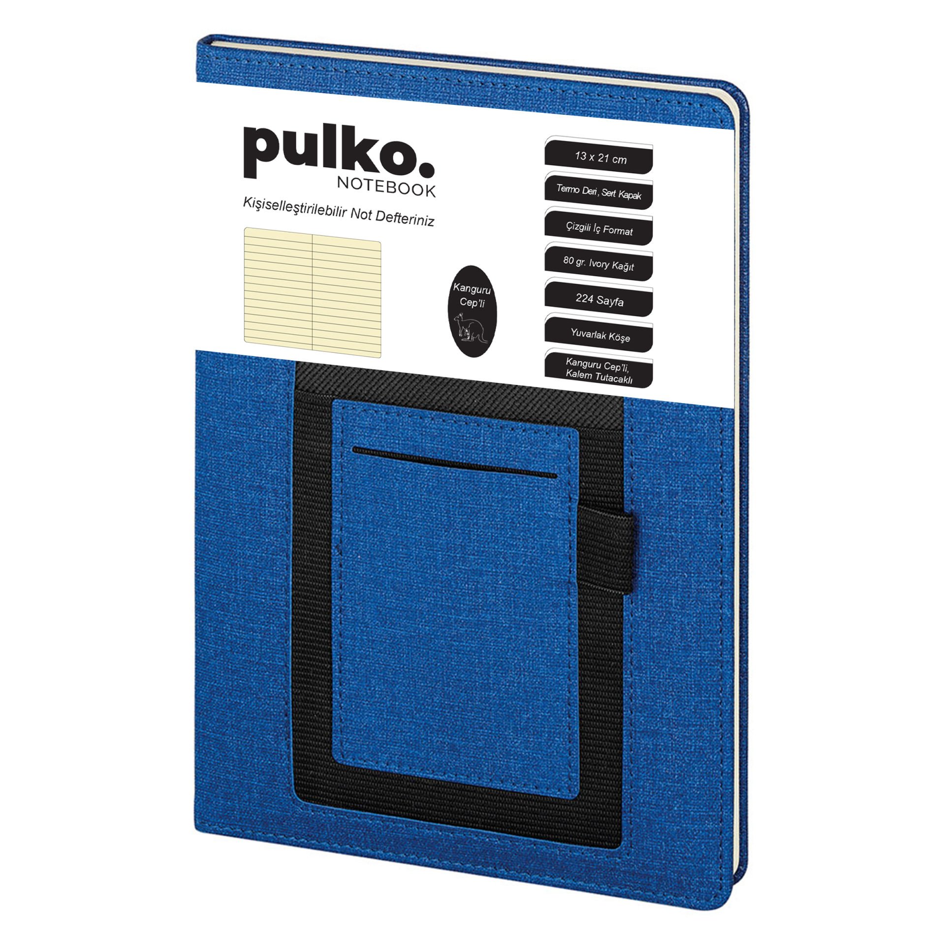 PULKO Notebook Kanguru Not Defteri, (15x21cm), Termo Deri, Sert Kapak, 224 Sayfa, Çizgili, Telefon Cebli Ve Kalem Tutacaklı, 003, Lacivert
