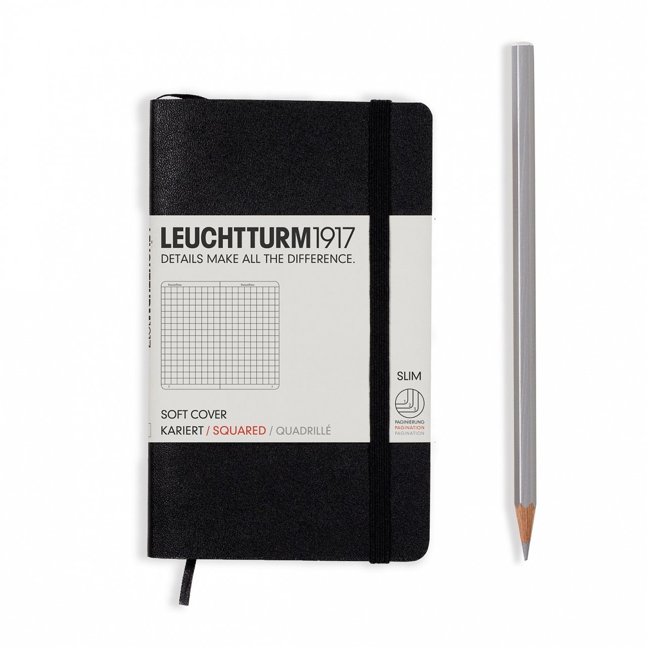 Leuchtturm1917 Not Defteri Cep Boy (A6), Yumuşak Kapak, 121 Numaralandırılmış Sayfa, Kareli - Siyah
