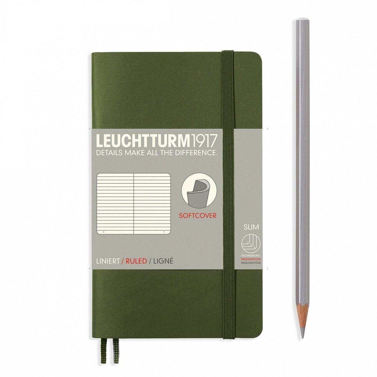 Leuchtturm1917 Not Defteri Cep Boy (A6), Yumuşak Kapak, 121 Numaralandırılmış Sayfa, Çizgili - Asker Yeşili
