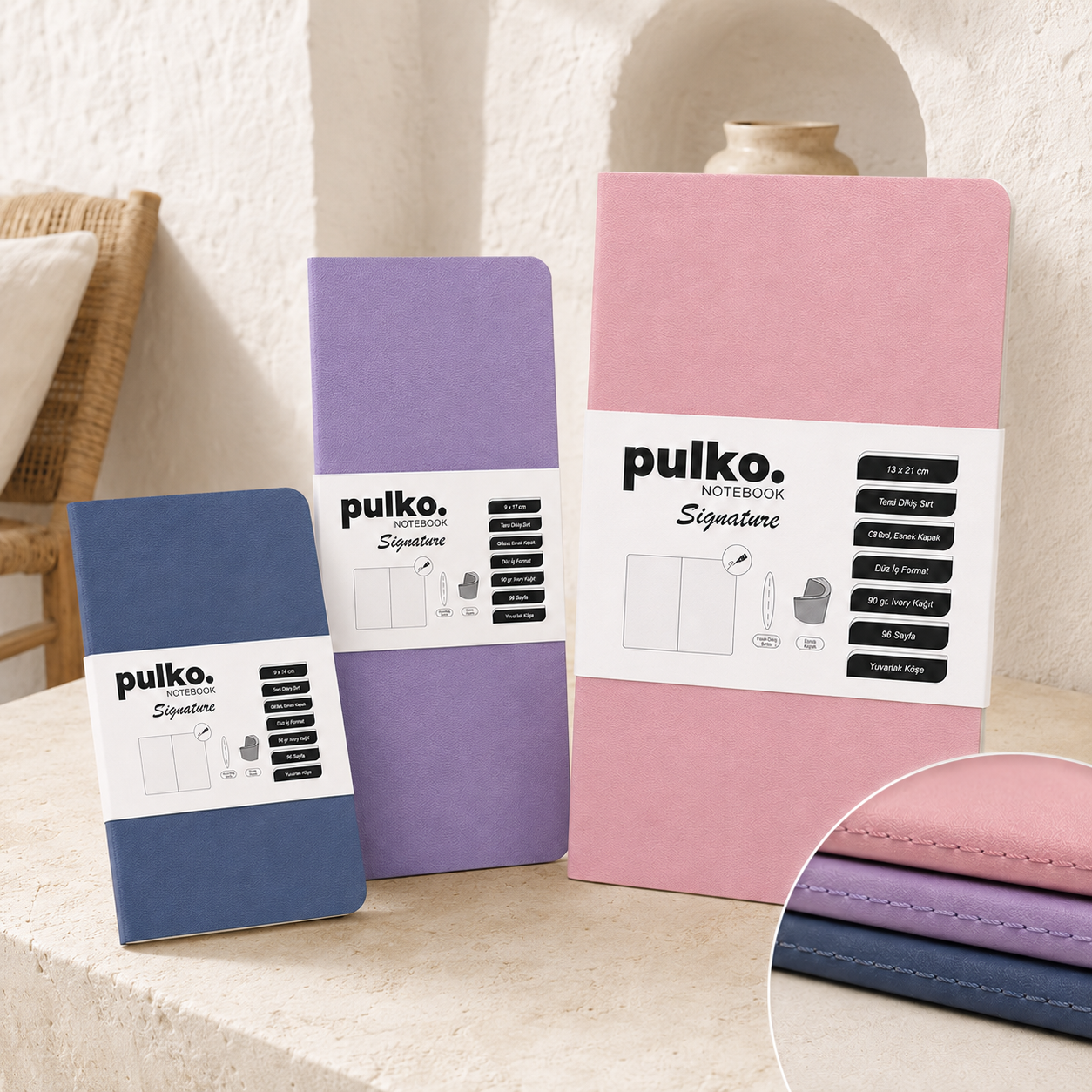 PULKO Notebook Signature Not Defteri, Terzi Dikiş, 90gr. Ivory, Düz, (0750),