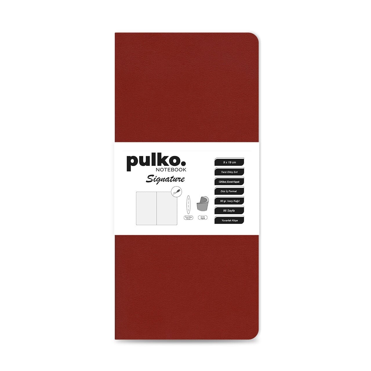 PULKO Notebook Signature Not Defteri, Terzi Dikiş, 90gr. Ivory, Düz, (0750), 90x190mm / (64 Sayfa) - Kırmızı
