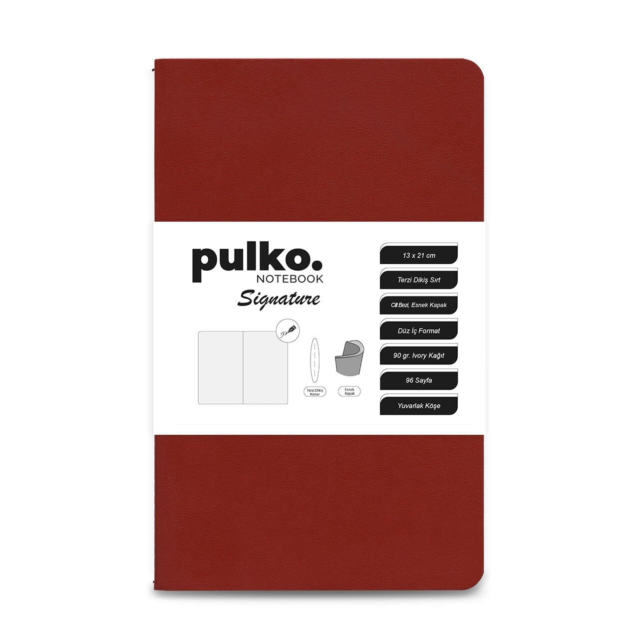 PULKO Notebook Signature Not Defteri, Terzi Dikiş, 90gr. Ivory, Düz, (0750), 130x210mm / (96 Sayfa) - Kırmızı
