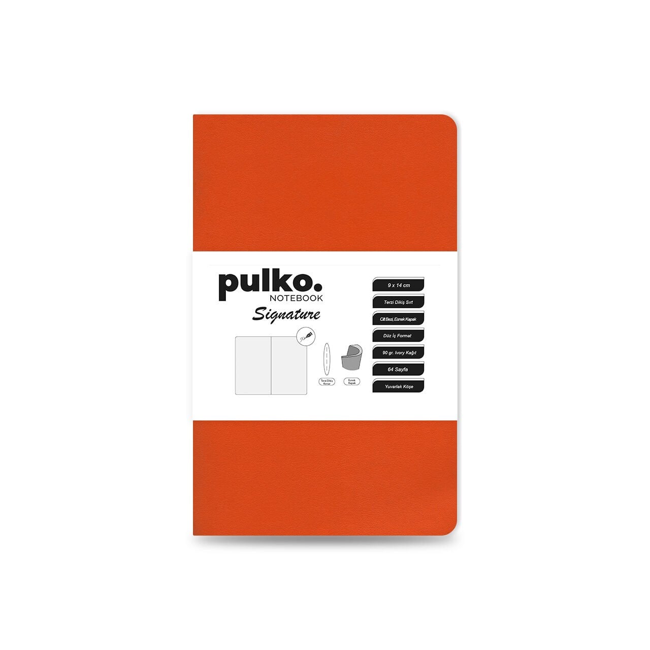 PULKO Notebook Signature Not Defteri, Terzi Dikiş, 90gr. Ivory, Düz, (0750), 90x140mm / (64 Sayfa) - Turuncu