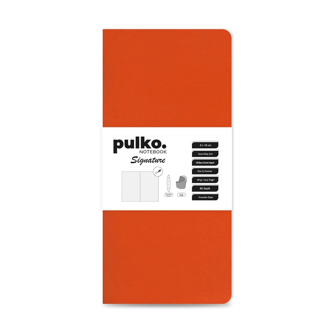 PULKO Notebook Signature Not Defteri, Terzi Dikiş, 90gr. Ivory, Düz, (0750), 90x190mm / (64 Sayfa) - Turuncu