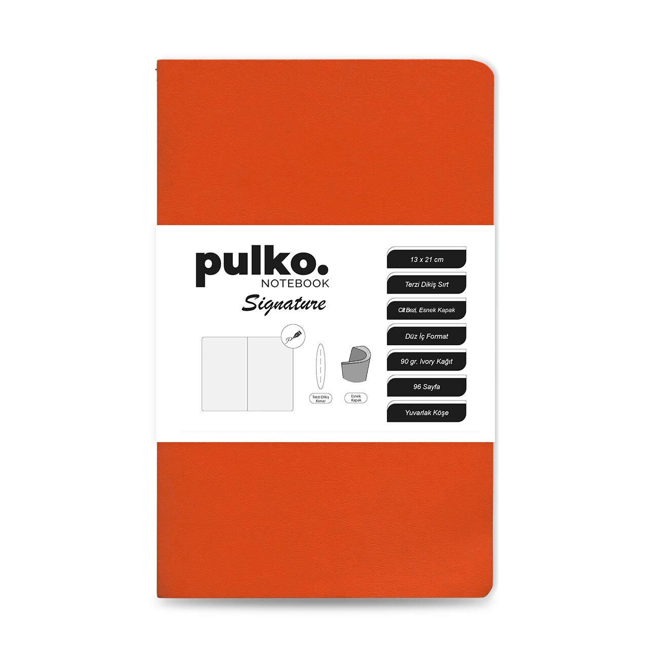 PULKO Notebook Signature Not Defteri, Terzi Dikiş, 90gr. Ivory, Düz, (0750), 130x210mm / (96 Sayfa) - Turuncu