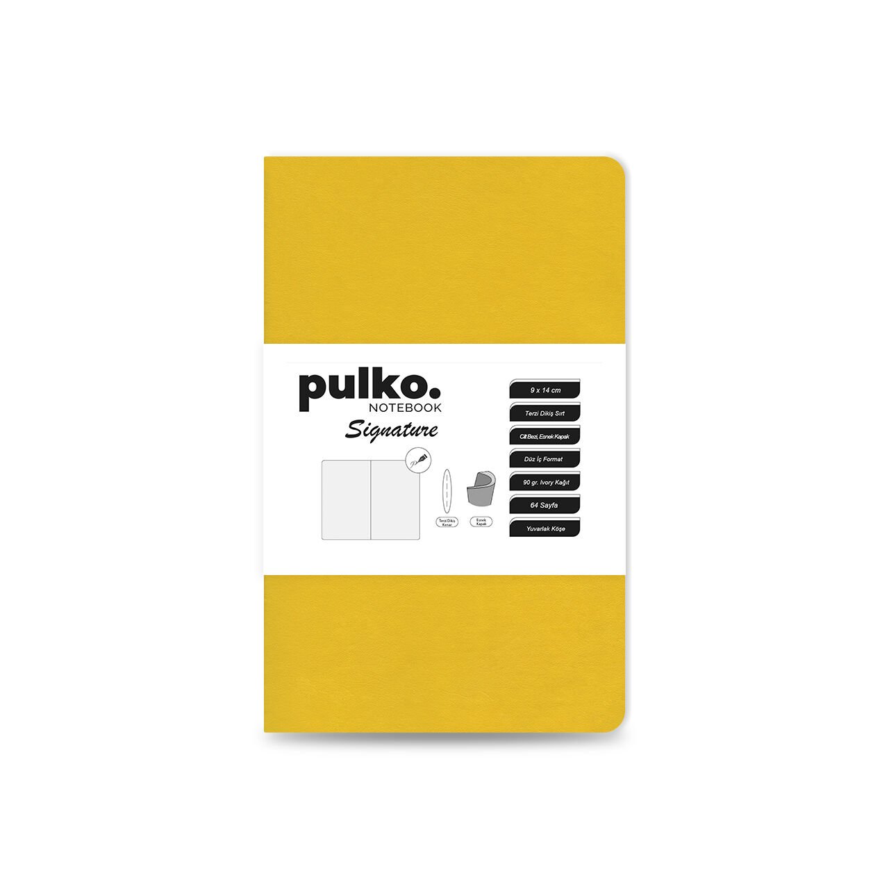 PULKO Notebook Signature Not Defteri, Terzi Dikiş, 90gr. Ivory, Düz, (0750), 90x140mm / (64 Sayfa) - Limon Sarı