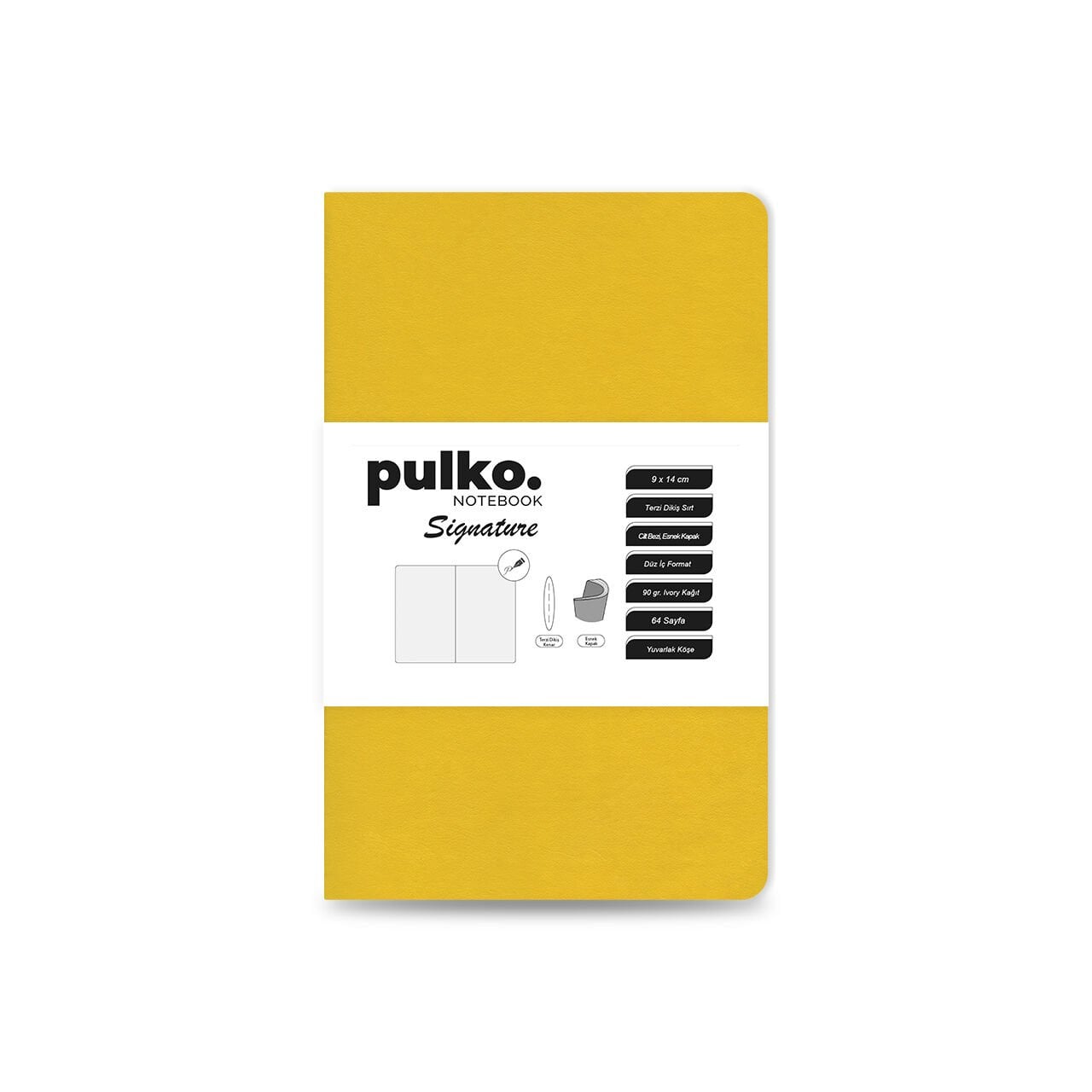 PULKO Notebook Signature Not Defteri, Terzi Dikiş, 90gr. Ivory, Düz, (0750), 90x140mm / (64 Sayfa) - Limon Sarı