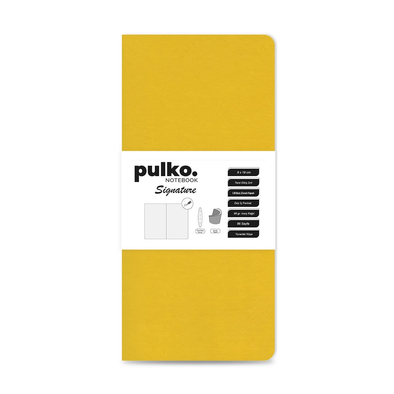 PULKO Notebook Signature Not Defteri, Terzi Dikiş, 90gr. Ivory, Düz, (0750), 90x190mm / (64 Sayfa) - Limon Sarı