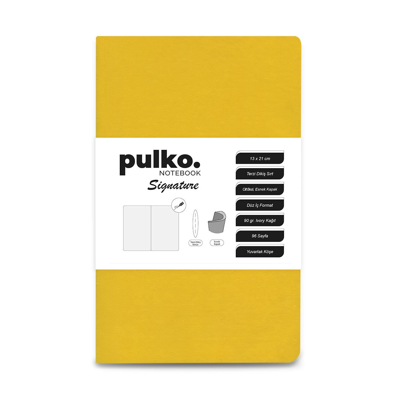 PULKO Notebook Signature Not Defteri, Terzi Dikiş, 90gr. Ivory, Düz, (0750), 130x210mm / (96 Sayfa) - Limon Sarı
