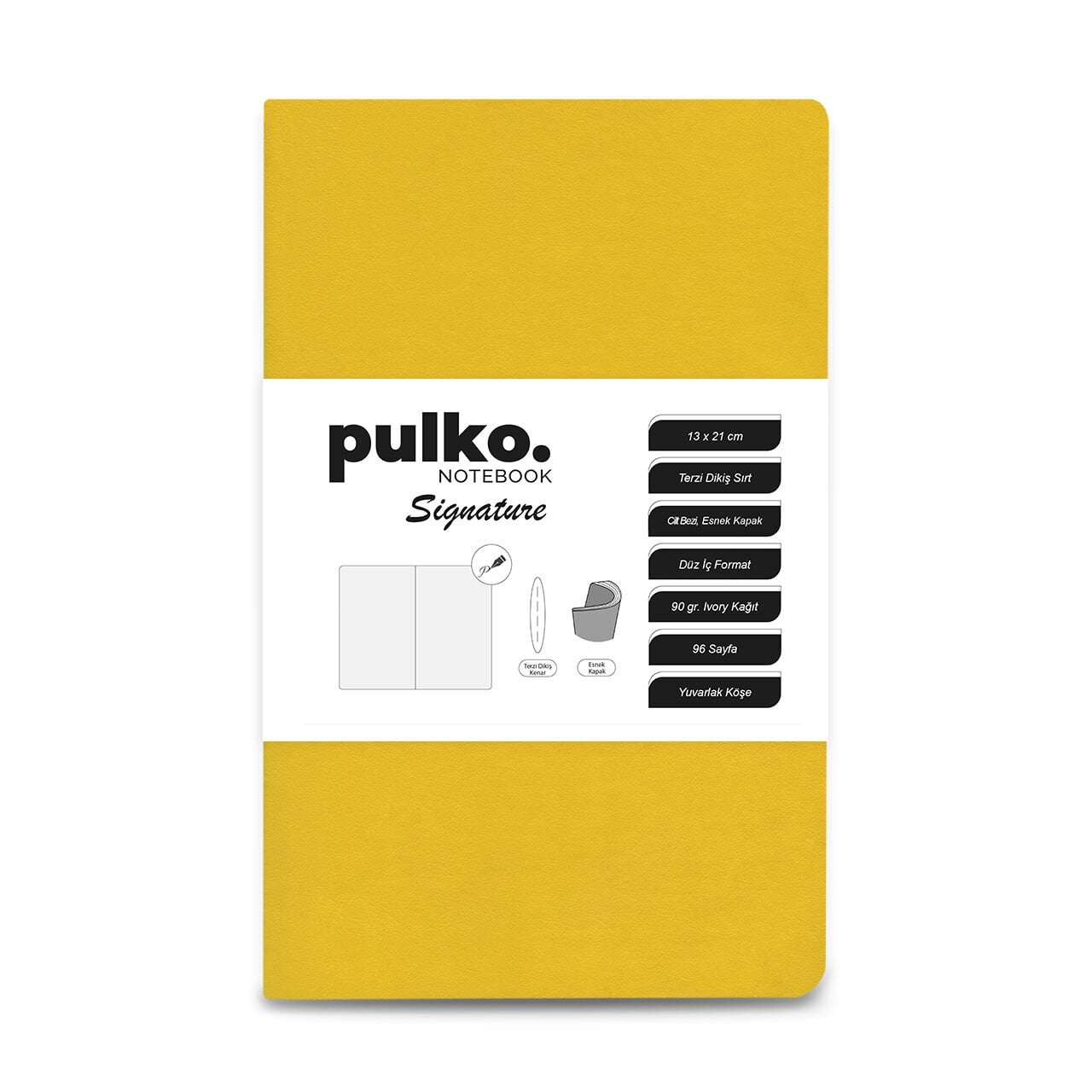 PULKO Notebook Signature Not Defteri, Terzi Dikiş, 90gr. Ivory, Düz, (0750), 130x210mm / (96 Sayfa) - Limon Sarı