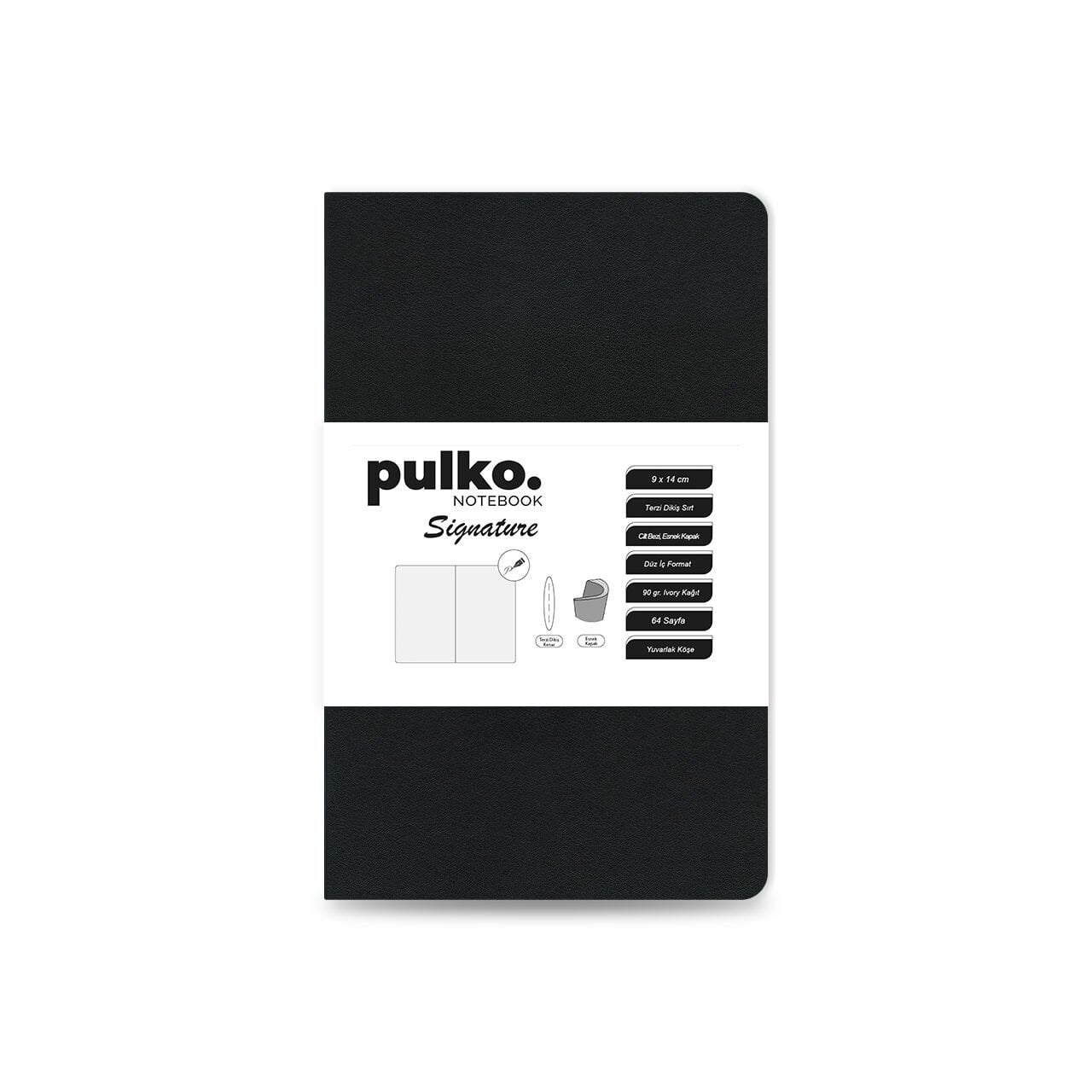 PULKO Notebook Signature Not Defteri, Terzi Dikiş, 90gr. Ivory, Düz, (0750), 90x140mm / (64 Sayfa) - Siyah