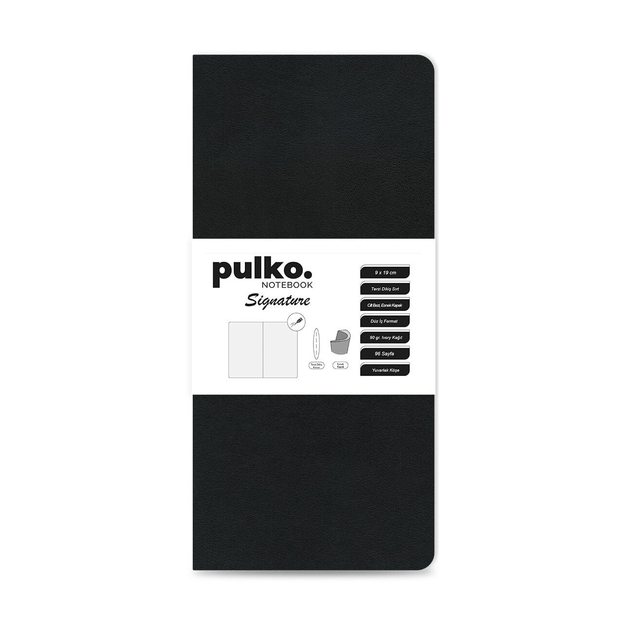PULKO Notebook Signature Not Defteri, Terzi Dikiş, 90gr. Ivory, Düz, (0750), 90x190mm / (64 Sayfa) - Siyah