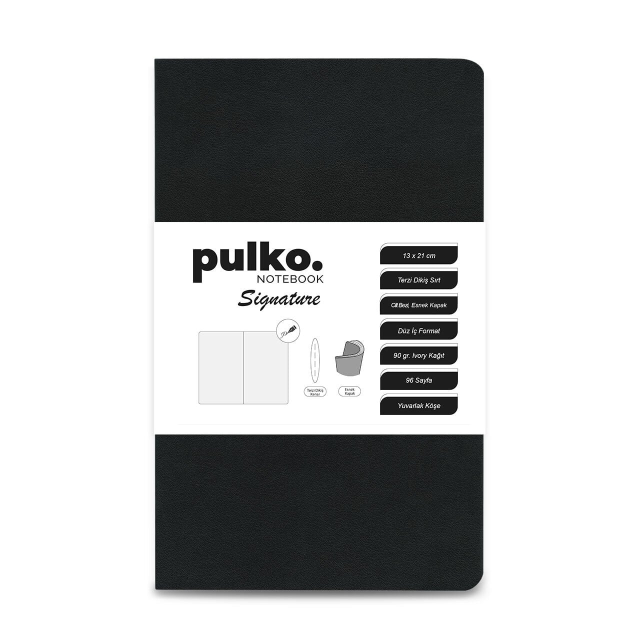 PULKO Notebook Signature Not Defteri, Terzi Dikiş, 90gr. Ivory, Düz, (0750), 130x210mm / (96 Sayfa) - Siyah