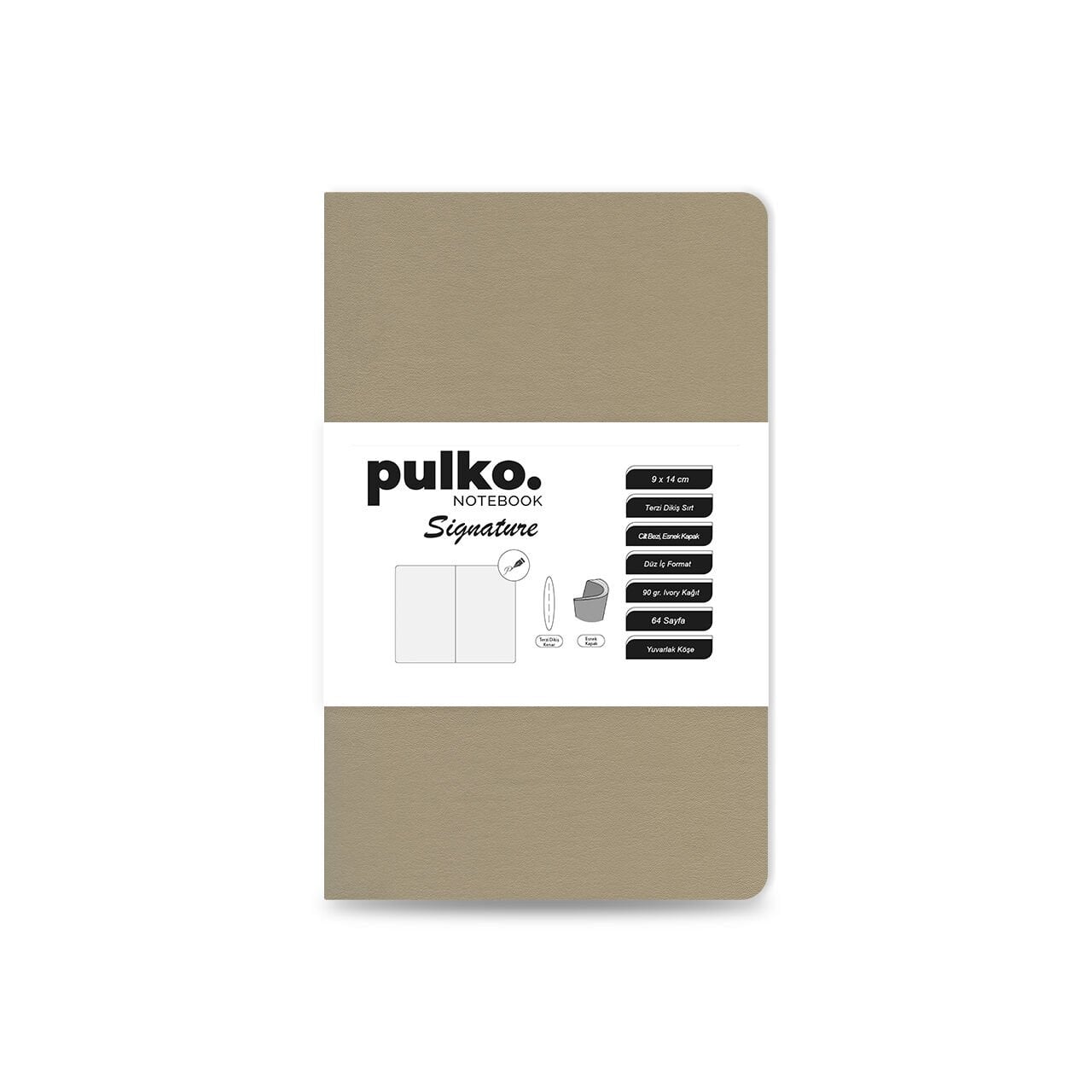 PULKO Notebook Signature Not Defteri, Terzi Dikiş, 90gr. Ivory, Düz, (0750), 90x140mm / (64 Sayfa) - Bej