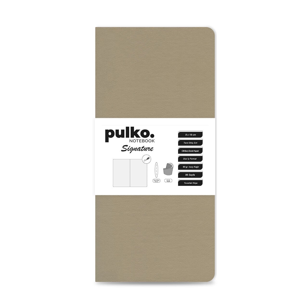 PULKO Notebook Signature Not Defteri, Terzi Dikiş, 90gr. Ivory, Düz, (0750), 90x190mm / (64 Sayfa) - Bej