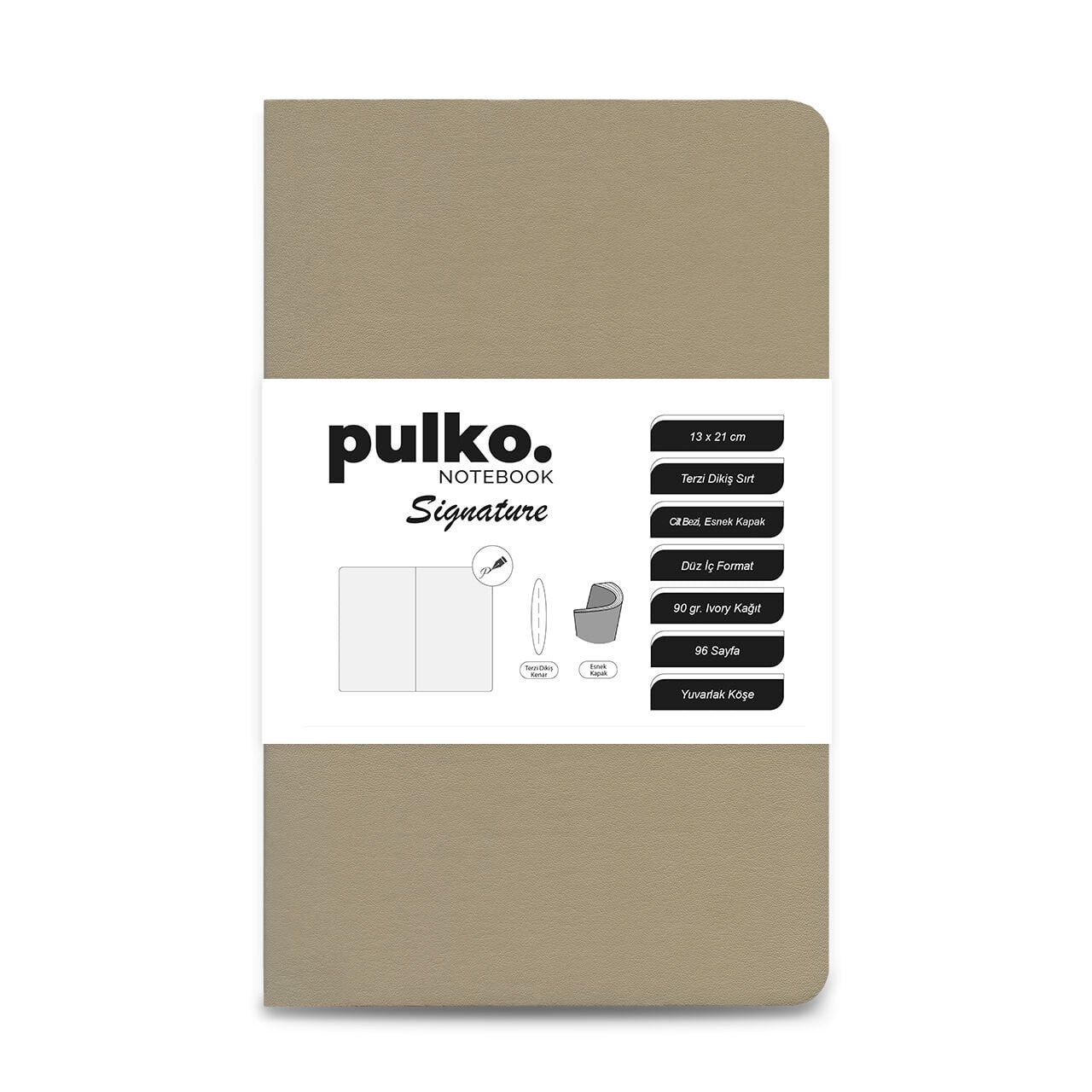 PULKO Notebook Signature Not Defteri, Terzi Dikiş, 90gr. Ivory, Düz, (0750), 130x210mm / (96 Sayfa) - Bej