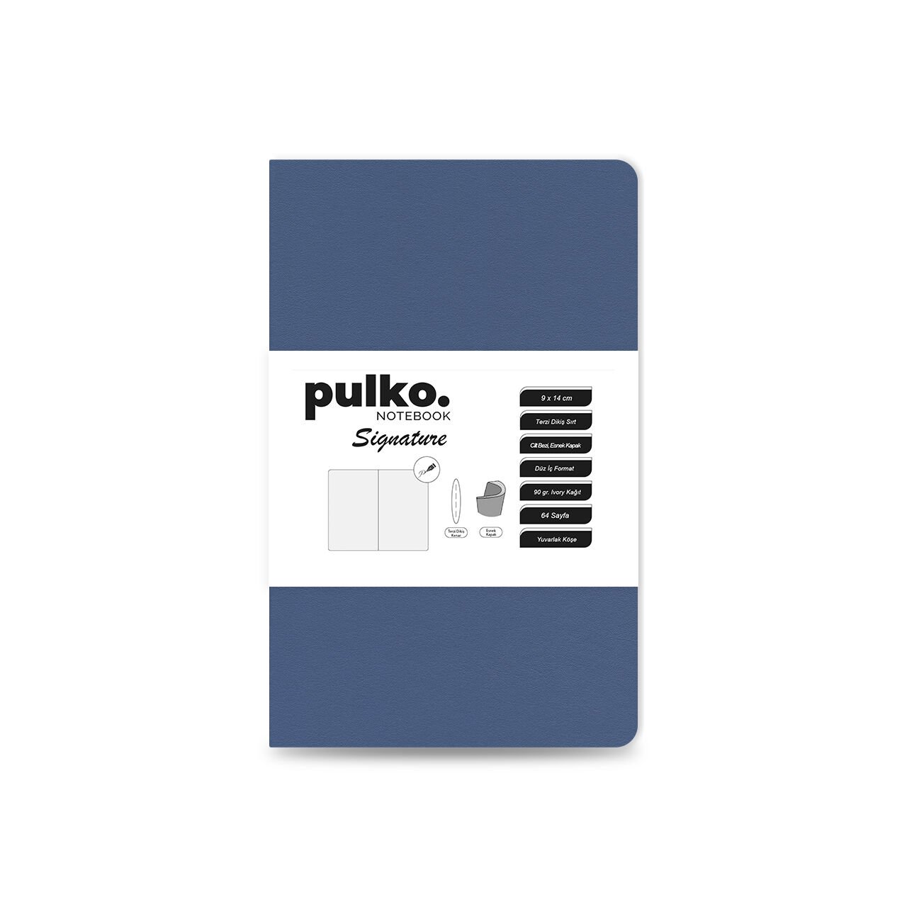 PULKO Notebook Signature Not Defteri, Terzi Dikiş, 90gr. Ivory, Düz, (0750), 90x140mm / (64 Sayfa) - Kot Mavi