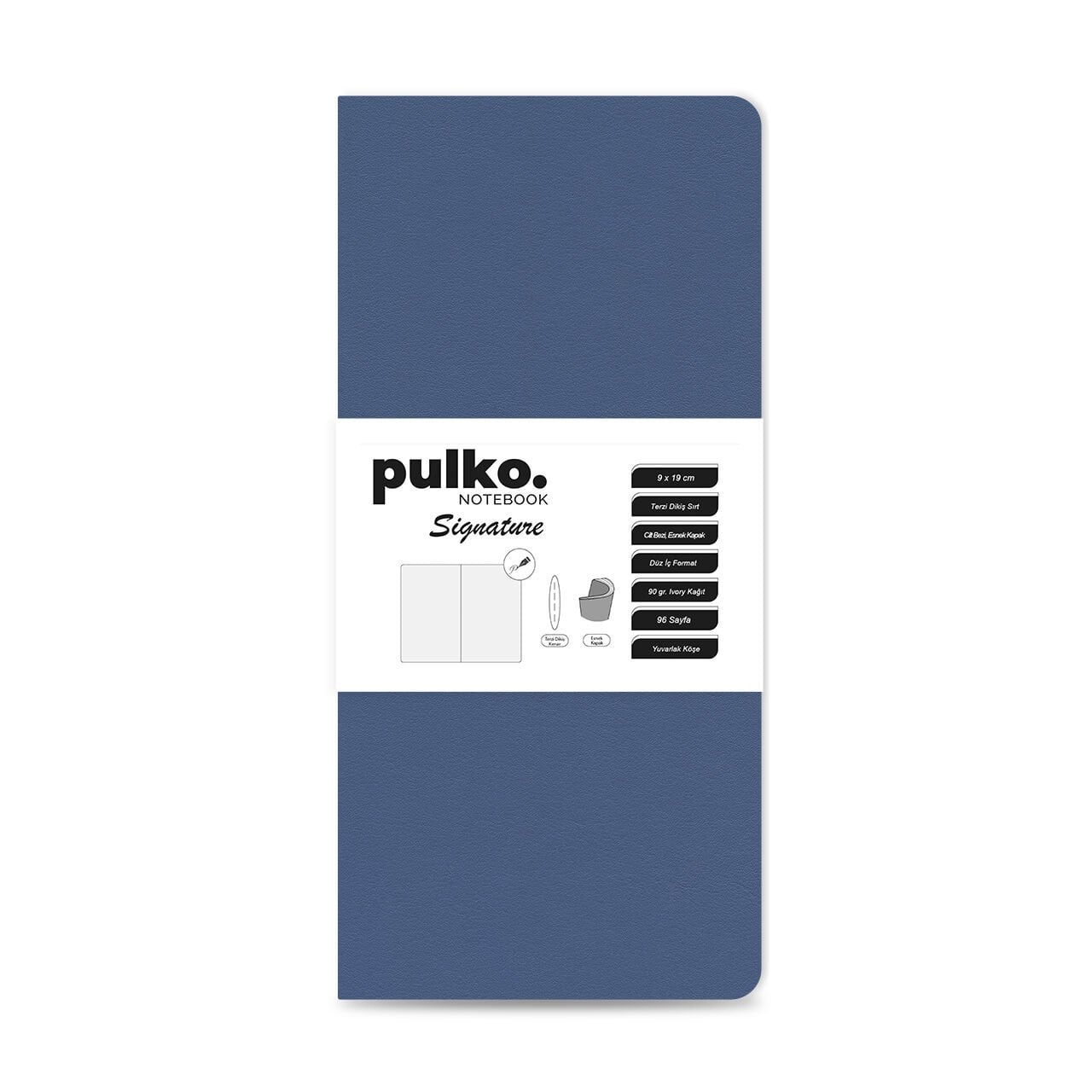 PULKO Notebook Signature Not Defteri, Terzi Dikiş, 90gr. Ivory, Düz, (0750), 90x190mm / (64 Sayfa) - Kot Mavi