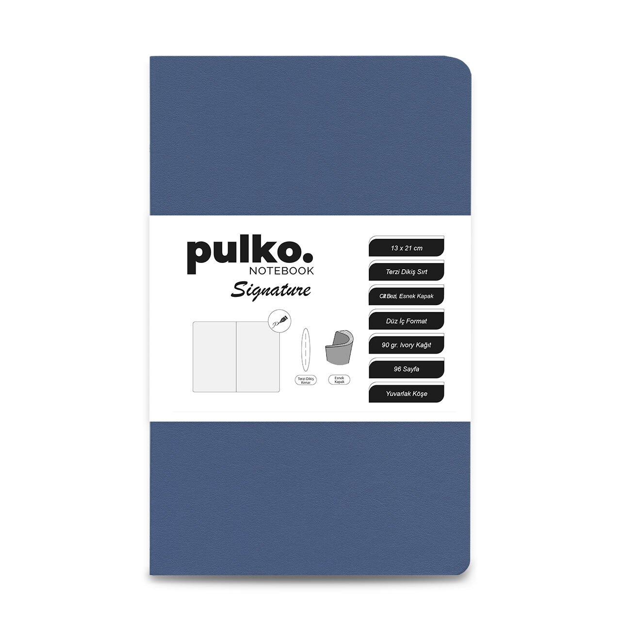 PULKO Notebook Signature Not Defteri, Terzi Dikiş, 90gr. Ivory, Düz, (0750), 130x210mm / (96 Sayfa) - Kot Mavi