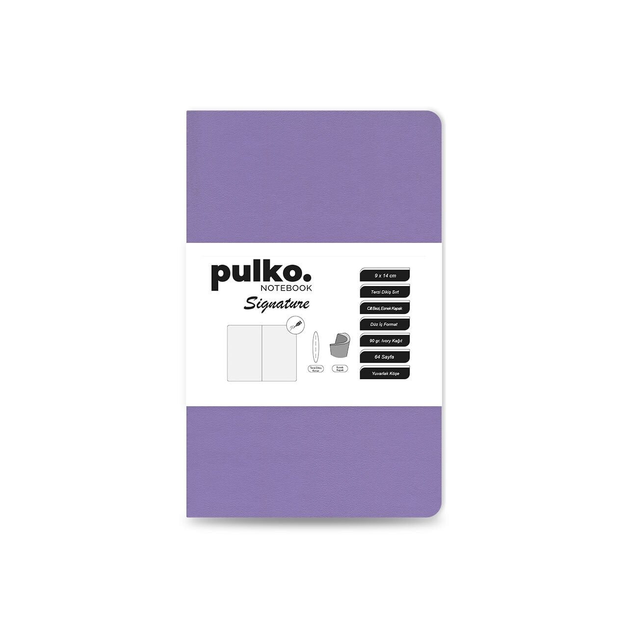 PULKO Notebook Signature Not Defteri, Terzi Dikiş, 90gr. Ivory, Düz, (0750), 90x140mm / (64 Sayfa) - Lila
