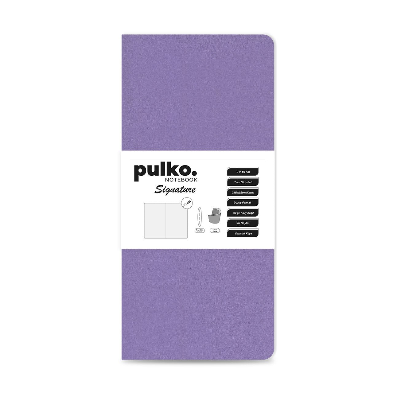 PULKO Notebook Signature Not Defteri, Terzi Dikiş, 90gr. Ivory, Düz, (0750), 90x190mm / (64 Sayfa) - Lila
