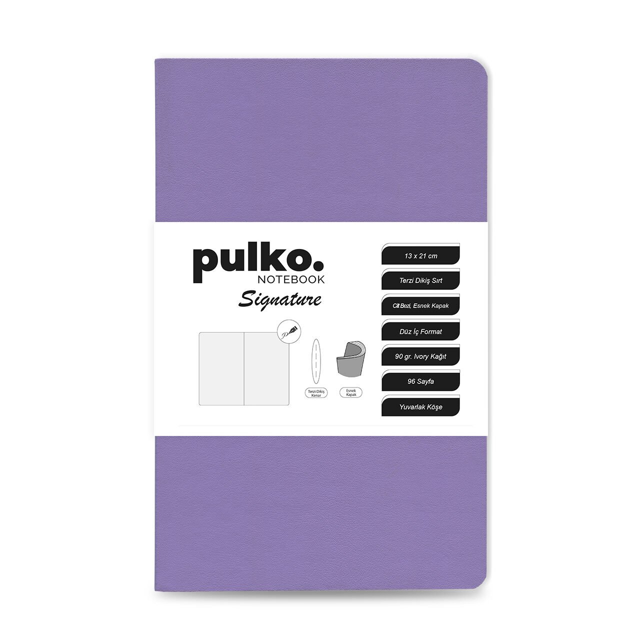 PULKO Notebook Signature Not Defteri, Terzi Dikiş, 90gr. Ivory, Düz, (0750), 130x210mm / (96 Sayfa) - Lila