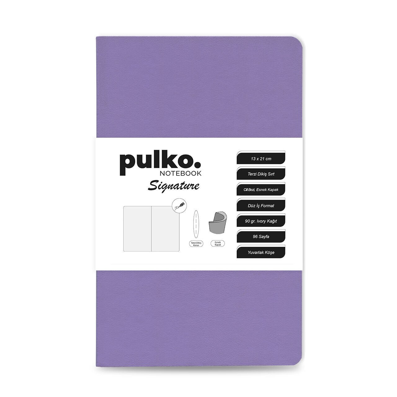 PULKO Notebook Signature Not Defteri, Terzi Dikiş, 90gr. Ivory, Düz, (0750), 130x210mm / (96 Sayfa) - Lila