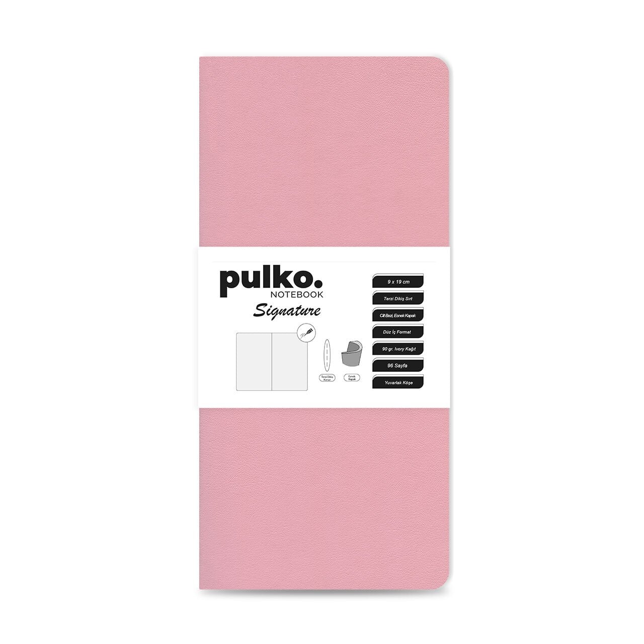 PULKO Notebook Signature Not Defteri, Terzi Dikiş, 90gr. Ivory, Düz, (0750), 90x190mm / (64 Sayfa) - Pudra