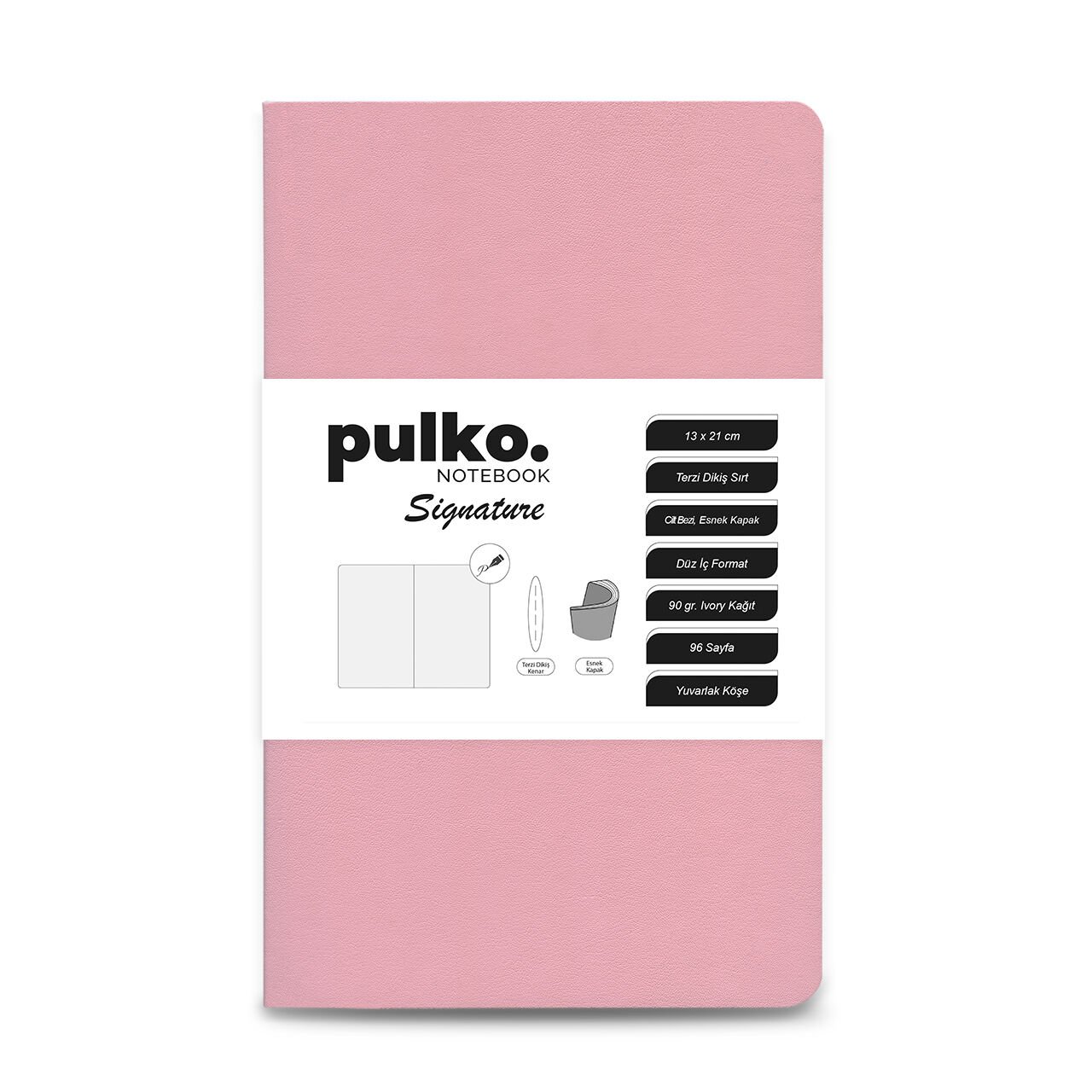 PULKO Notebook Signature Not Defteri, Terzi Dikiş, 90gr. Ivory, Düz, (0750), 130x210mm / (96 Sayfa) - Pudra