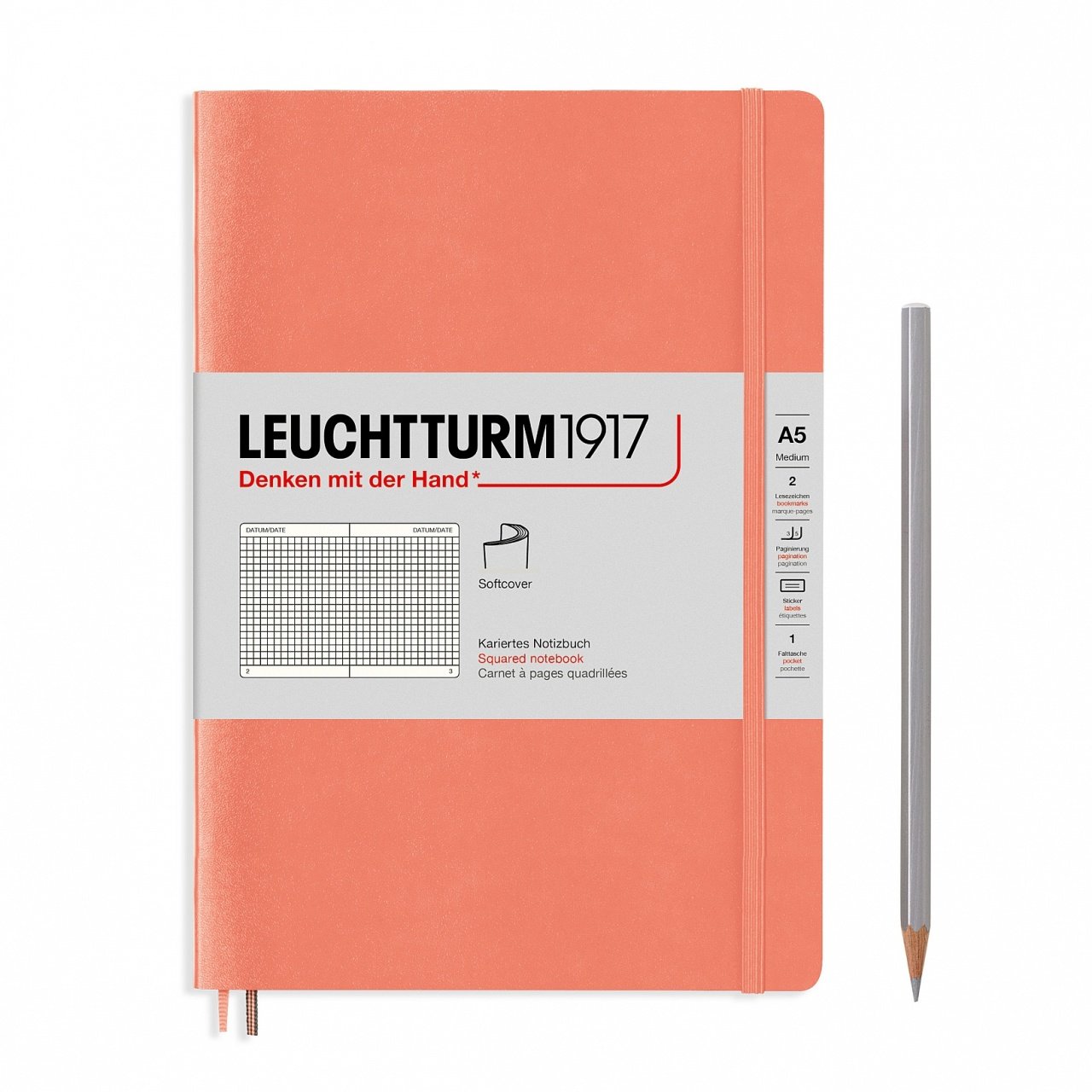 Leuchtturm1917 Not Defteri Orta Boy (A5), Pastel Tonlu Yumuşak Kapak, 123 Numaralandırılmış Sayfa, Bellini - Kareli