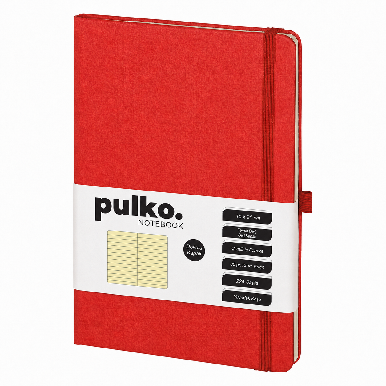 PULKO Notebook Klasik, 80gr., 224 Sayfa, Termo Suni Deri Kapak, Çizgili Not Defteri, (15x21cm), 016, Kırmızı