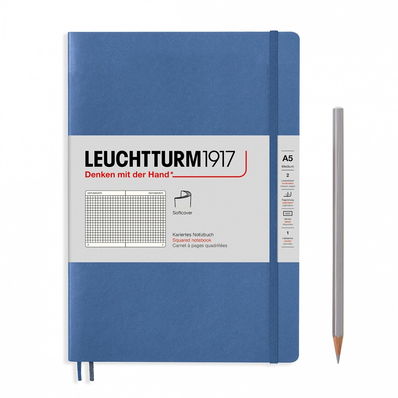 Leuchtturm1917 Not Defteri Orta Boy (A5), Pastel Tonlu Yumuşak Kapak, 123 Numaralandırılmış Sayfa, Denim - Kareli