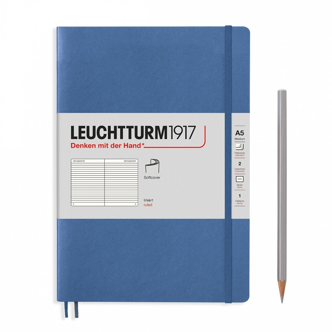 Leuchtturm1917 Not Defteri Orta Boy (A5), Pastel Tonlu Yumuşak Kapak, 123 Numaralandırılmış Sayfa, Denim - Çizgili