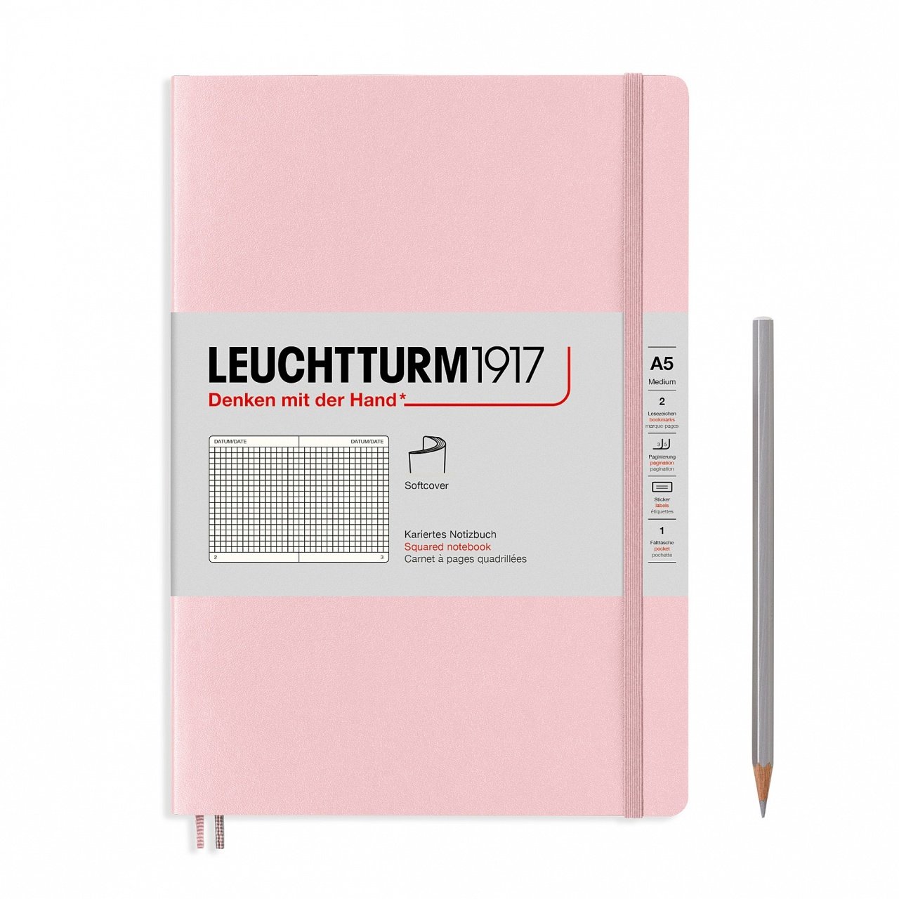 Leuchtturm1917 Not Defteri Orta Boy (A5), Pastel Tonlu Yumuşak Kapak, 123 Numaralandırılmış Sayfa, Pudra - Kareli