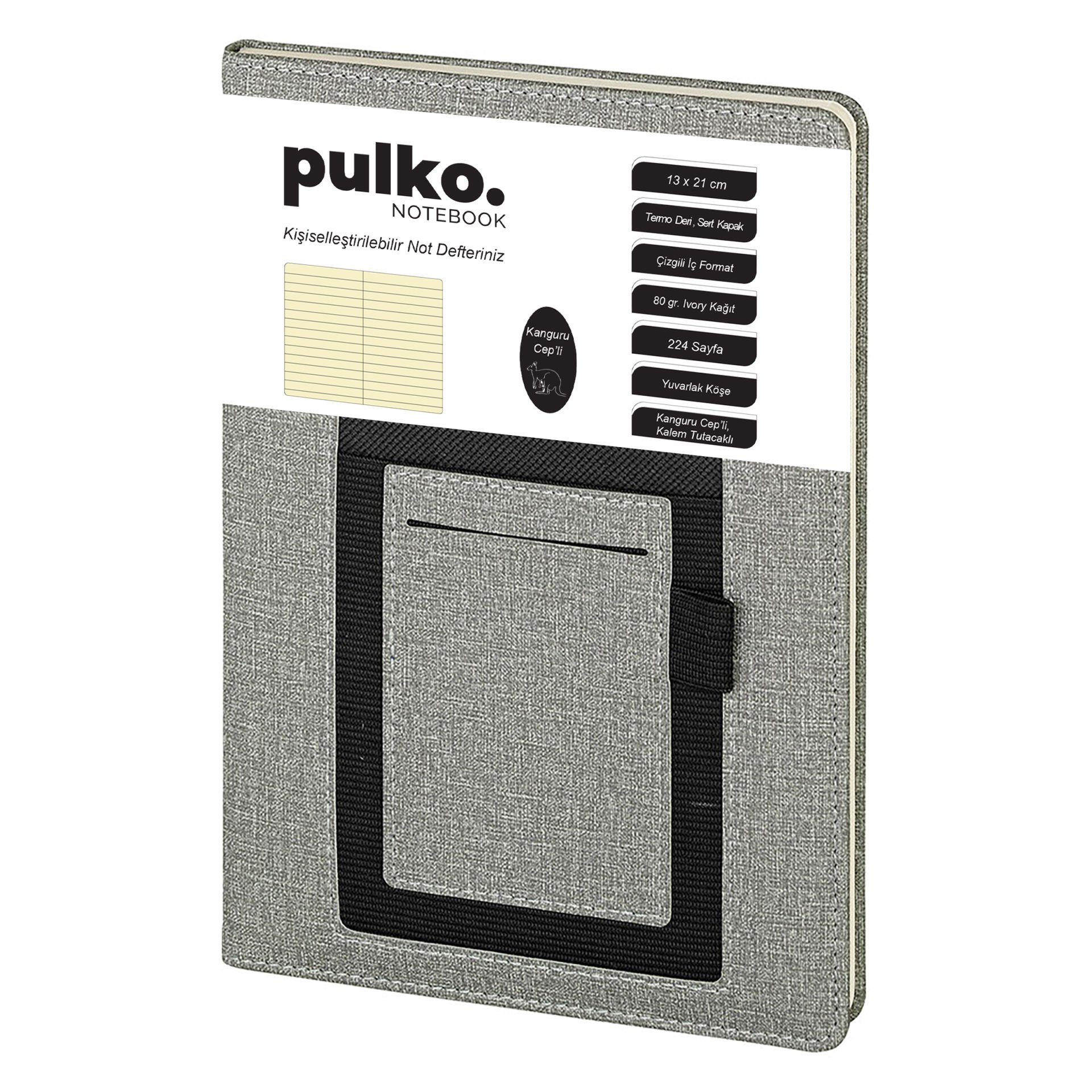 PULKO Notebook Kanguru Not Defteri, (15x21cm), Termo Deri, Sert Kapak, 224 Sayfa, Çizgili, Telefon Cebli Ve Kalem Tutacaklı, 003, Açık Gri