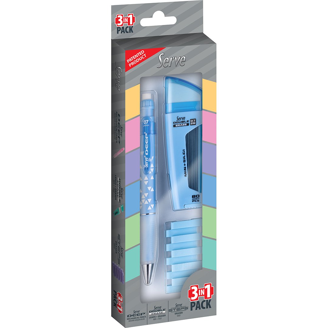SERVE 3'lü Kalem Seti, Deep Üçgen, Double, Steps, Gök Mavi