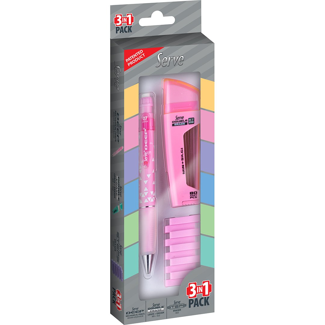SERVE 3'lü Kalem Seti, Deep Üçgen, Double, Steps, Şeker Pembe