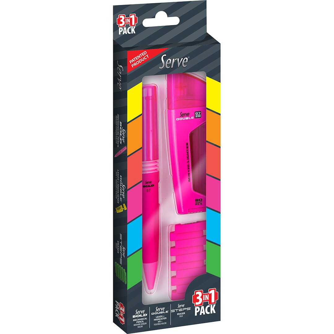 SERVE 3'lü Kalem Seti, Bold, Double, Steps Pembe