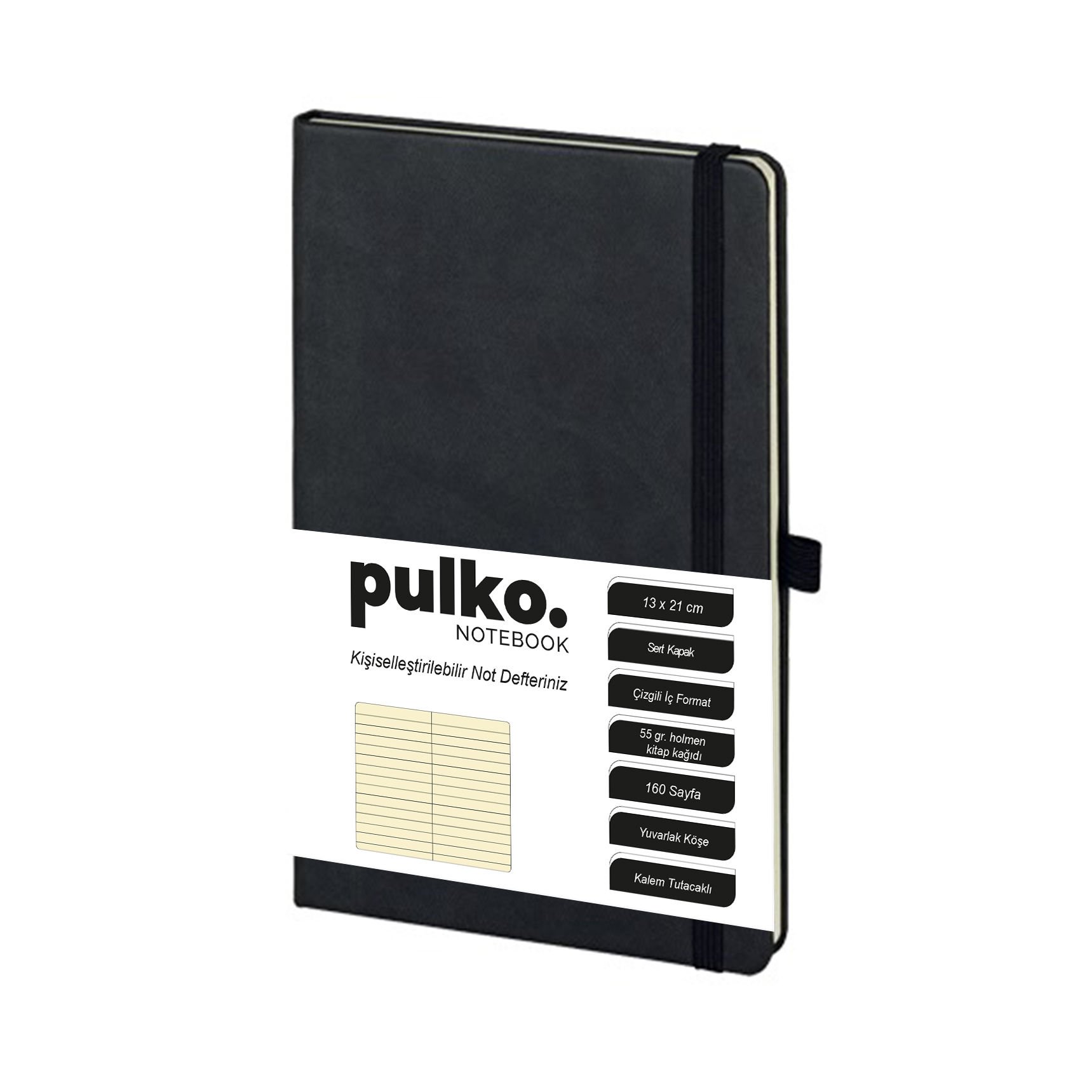 PULKO Notebook Not Defteri, (13x21cm), Termo Deri, Sert Kapak, 160 Sayfa, Krem Kağıt, Çizgili, 011, Siyah